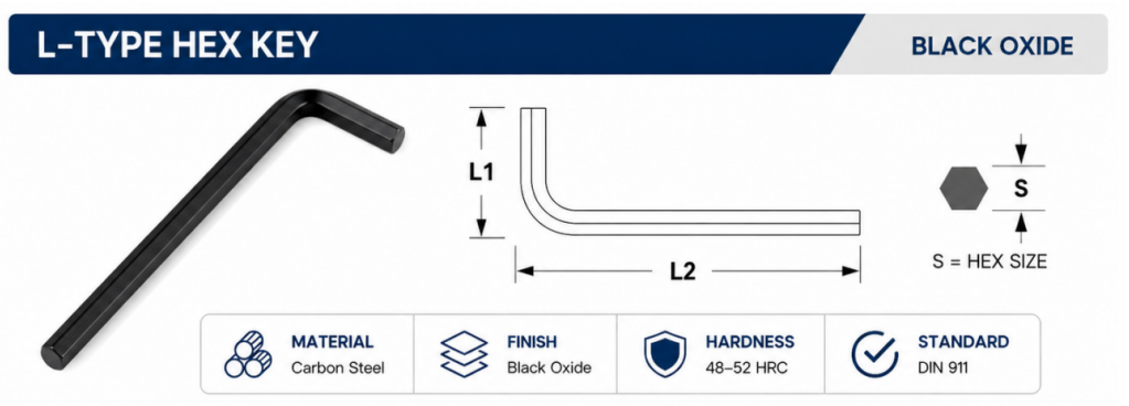 DIN911 black oxide Allen wrench parameter chart with 1.5mm to 8mm metric size range and long reach dimensions