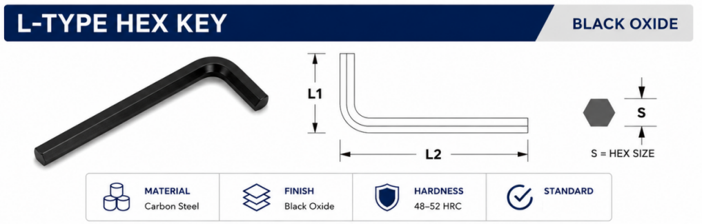 Heavy duty black oxide Allen wrench parameter chart with large size range up to 36mm and long arm dimensions