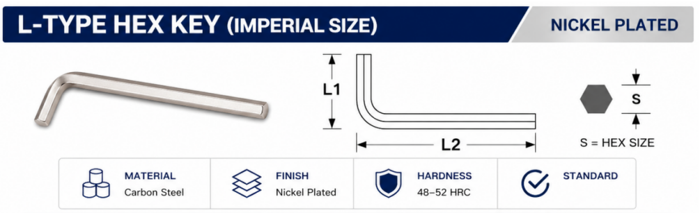 Nickel plated imperial Allen wrench parameter chart with 1/20 inch to 1/2 inch size range and long arm dimensions