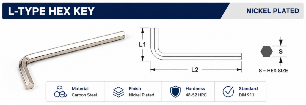 DIN911 nickel plated hex key parameter chart with 1.5mm to 8mm size range and long arm dimensions