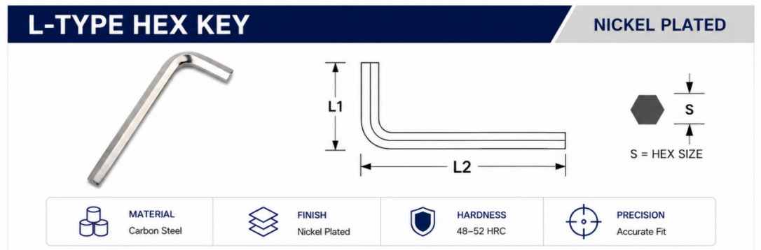 Industrial Nickel Plated Long Reach L Type Allen Wrench Specifications