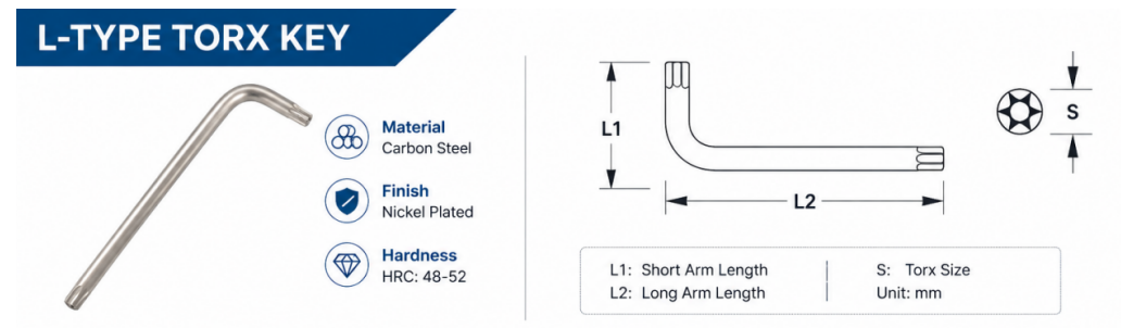 T10 to T45 nickel plated security Torx wrench size chart with arm length and weight