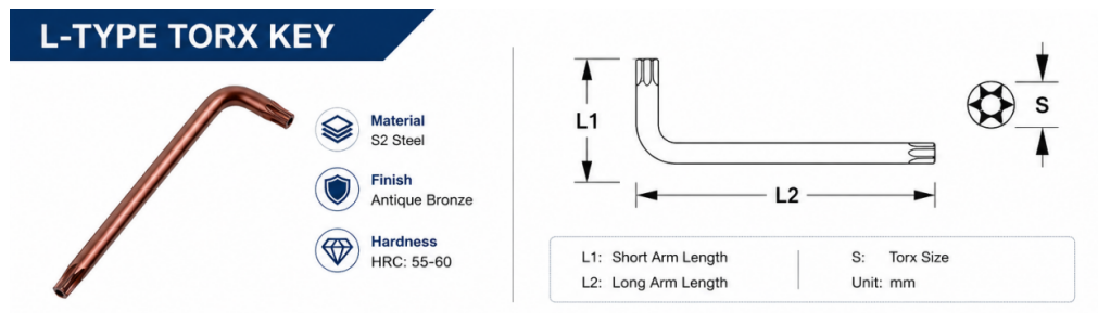 Bronze S2 security Torx wrench parameter chart with T10 to T50 size range and 58 to 62 HRC hardness