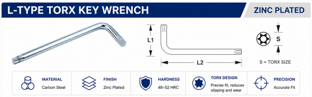 T15 to T45 zinc plated Torx wrench size chart with short arm long arm and weight