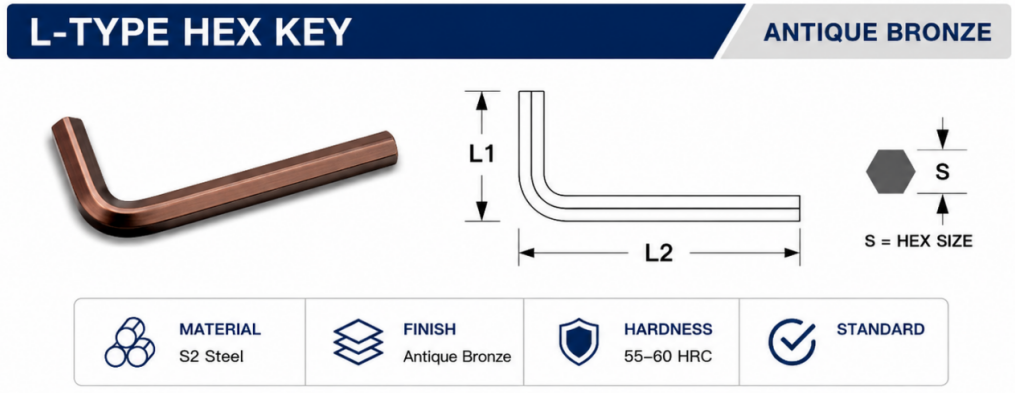 Antique bronze S2 precision Allen wrench parameter chart with 1.5mm to 4mm size range and DIN911 dimensions