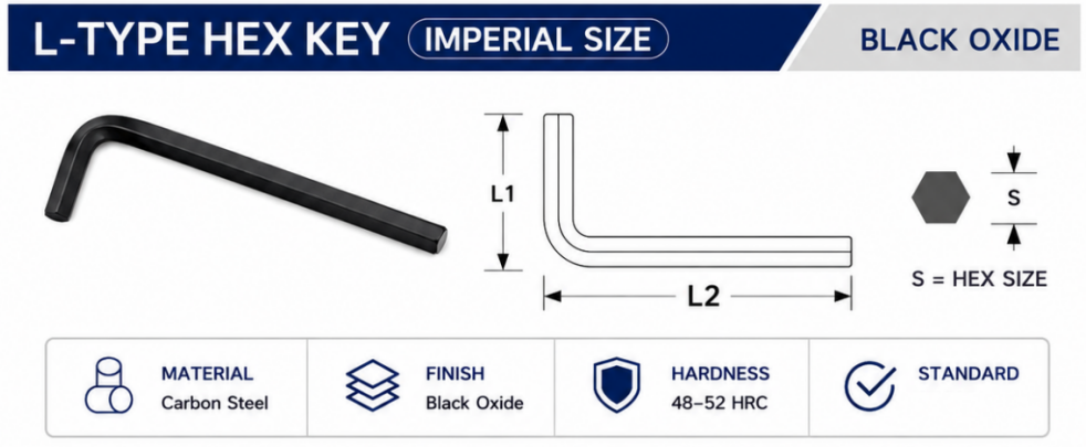 Black oxide imperial Allen wrench parameter chart with 1/20 inch to 1/2 inch size range and L type dimensions