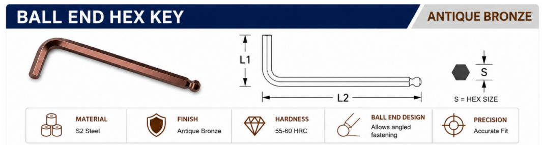 Antique bronze S2 ball end Allen wrench parameter chart with 1.5mm to 19mm size range and long arm dimensions