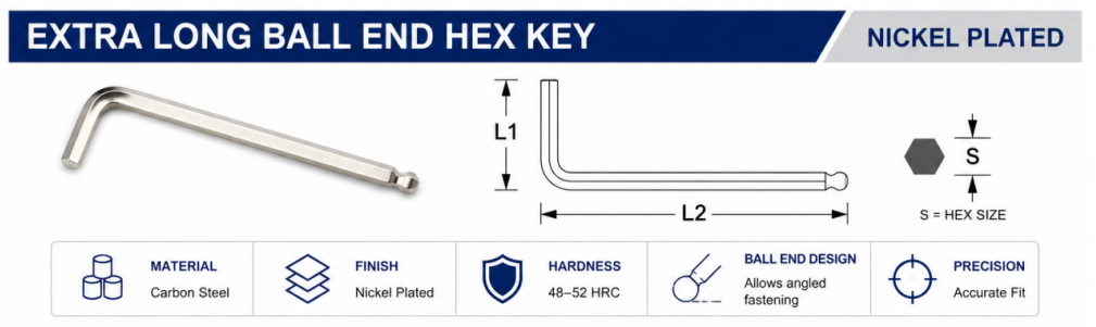 Nickel plated extra long ball end Allen wrench parameter chart with 1.5mm to 10mm size range and long arm dimensions