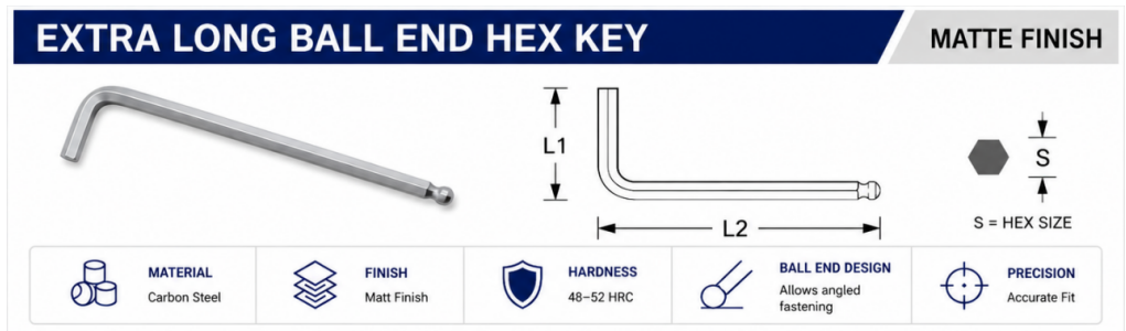 Matte ultra reach ball end Allen wrench parameter chart with long arm dimensions up to 32mm size