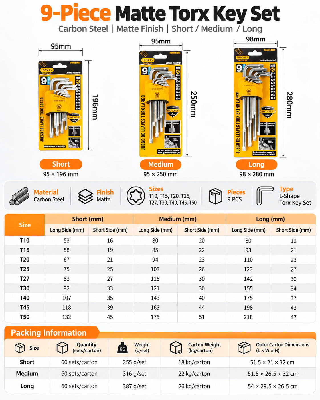 Short Medium Long Torx Key Set T10 T15 T20 T25 T27 T30 T40 T45 T50 Dimensions