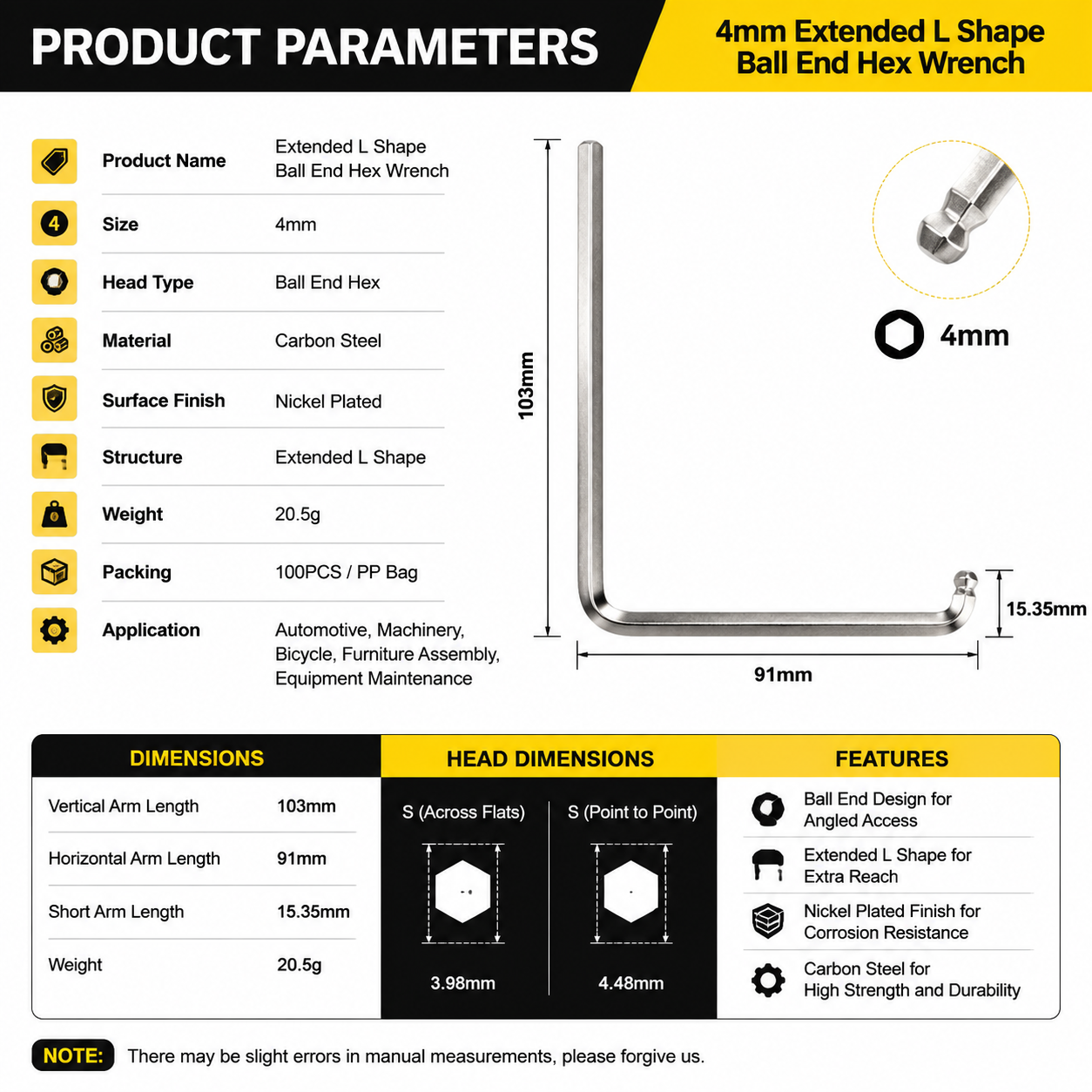 4mm ball end Allen wrench specifications with 103mm vertical arm and 91mm horizontal arm