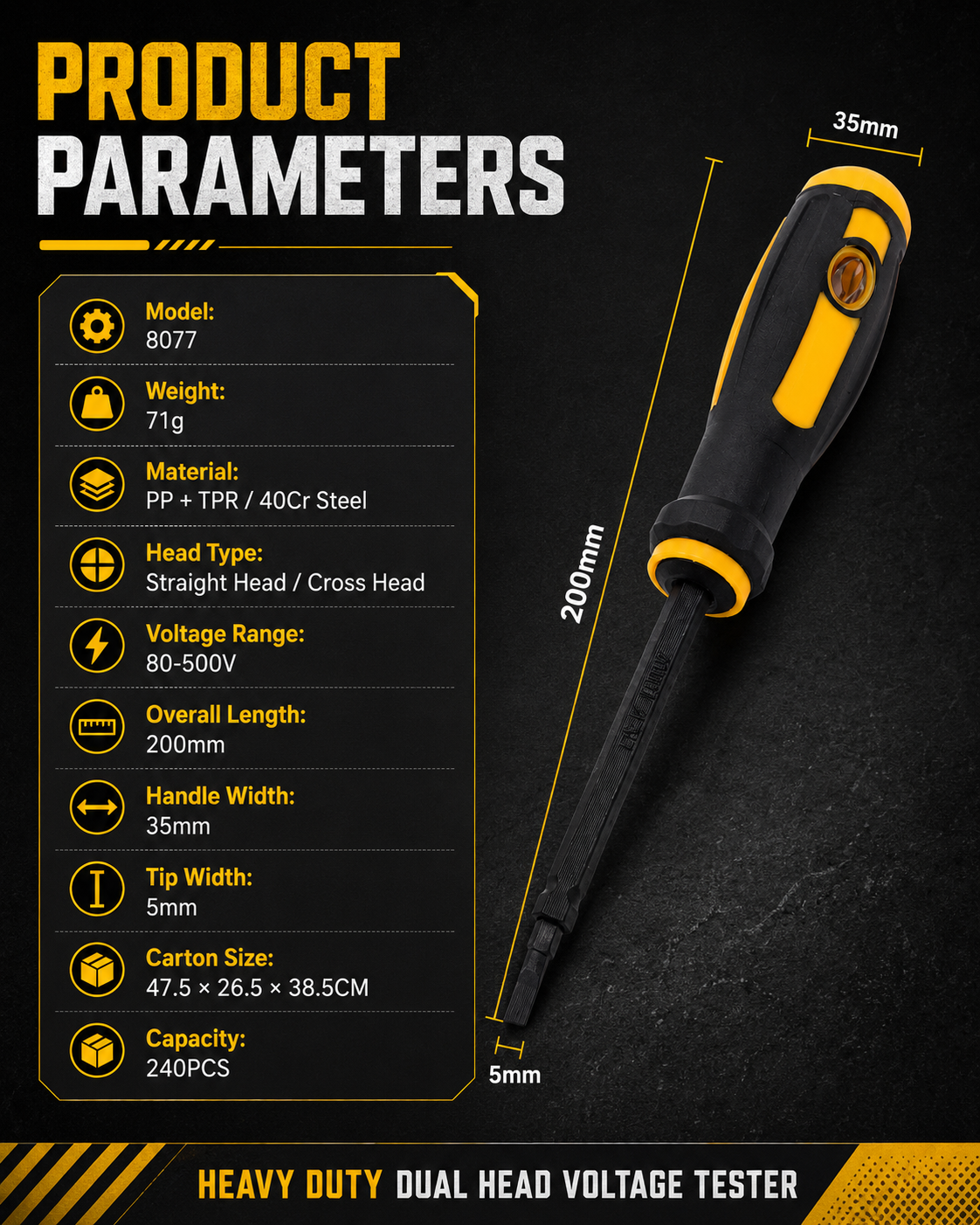 Model 8077 heavy duty dual head voltage tester screwdriver parameter chart with 200mm length and 71g weight