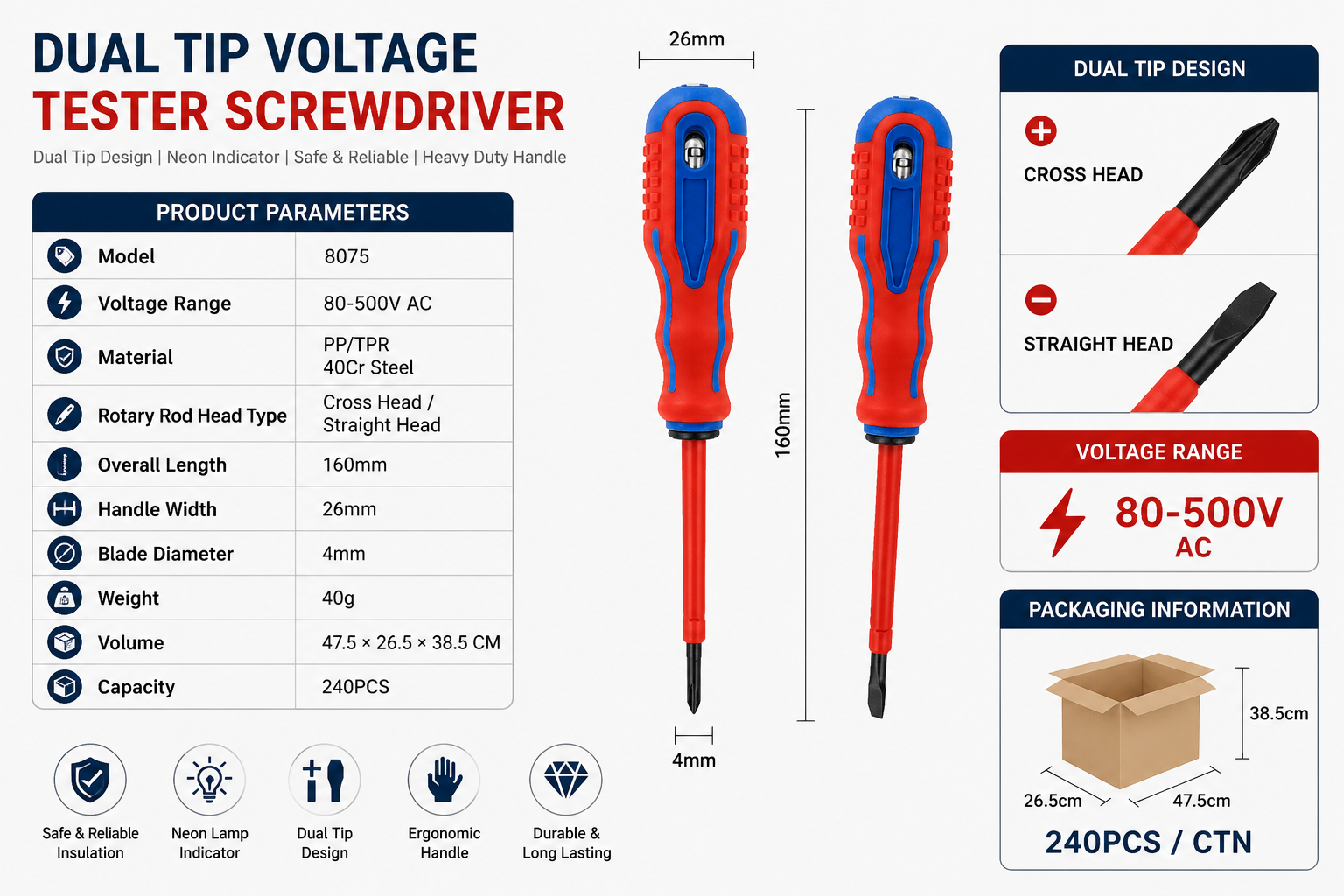 Ergonomic Dual Tip Electrical Voltage Tester Screwdriver Specifications