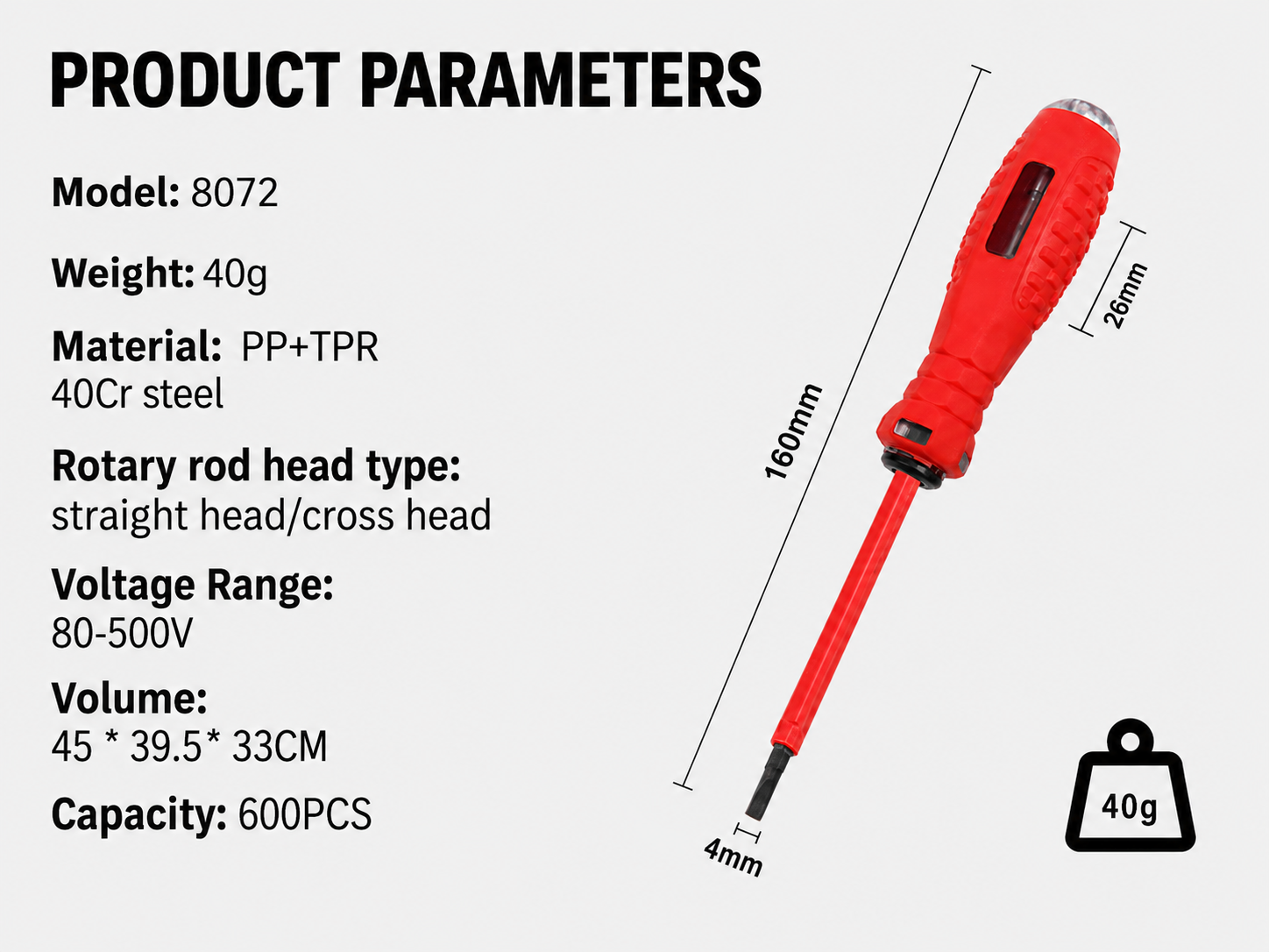 Model 8072 voltage tester screwdriver parameter chart with 160mm length 26mm handle width 4mm tip and 40g weight