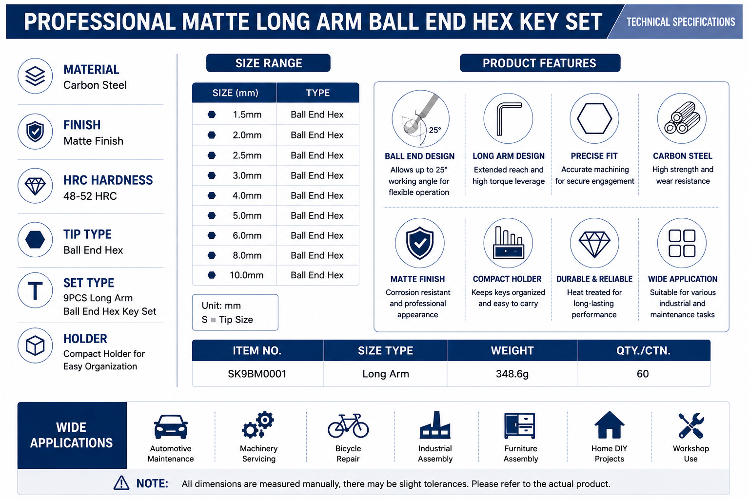 Professional Matte Long Arm Ball End Hex Key Set Specifications