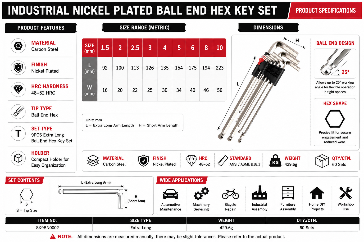 Extra Long Industrial Nickel Plated Ball End Hex Key Set Specifications