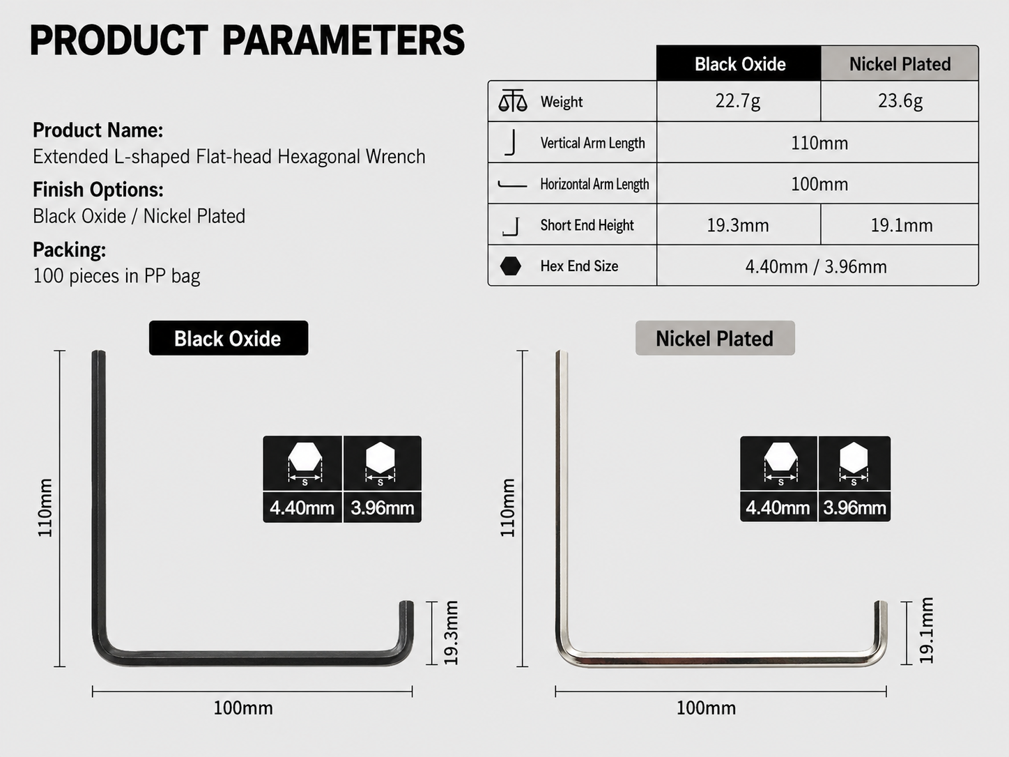 Extended L shaped flat head hexagonal wrench parameter image with 110mm vertical arm 100mm horizontal arm and 4.40mm 3.96mm hex end size