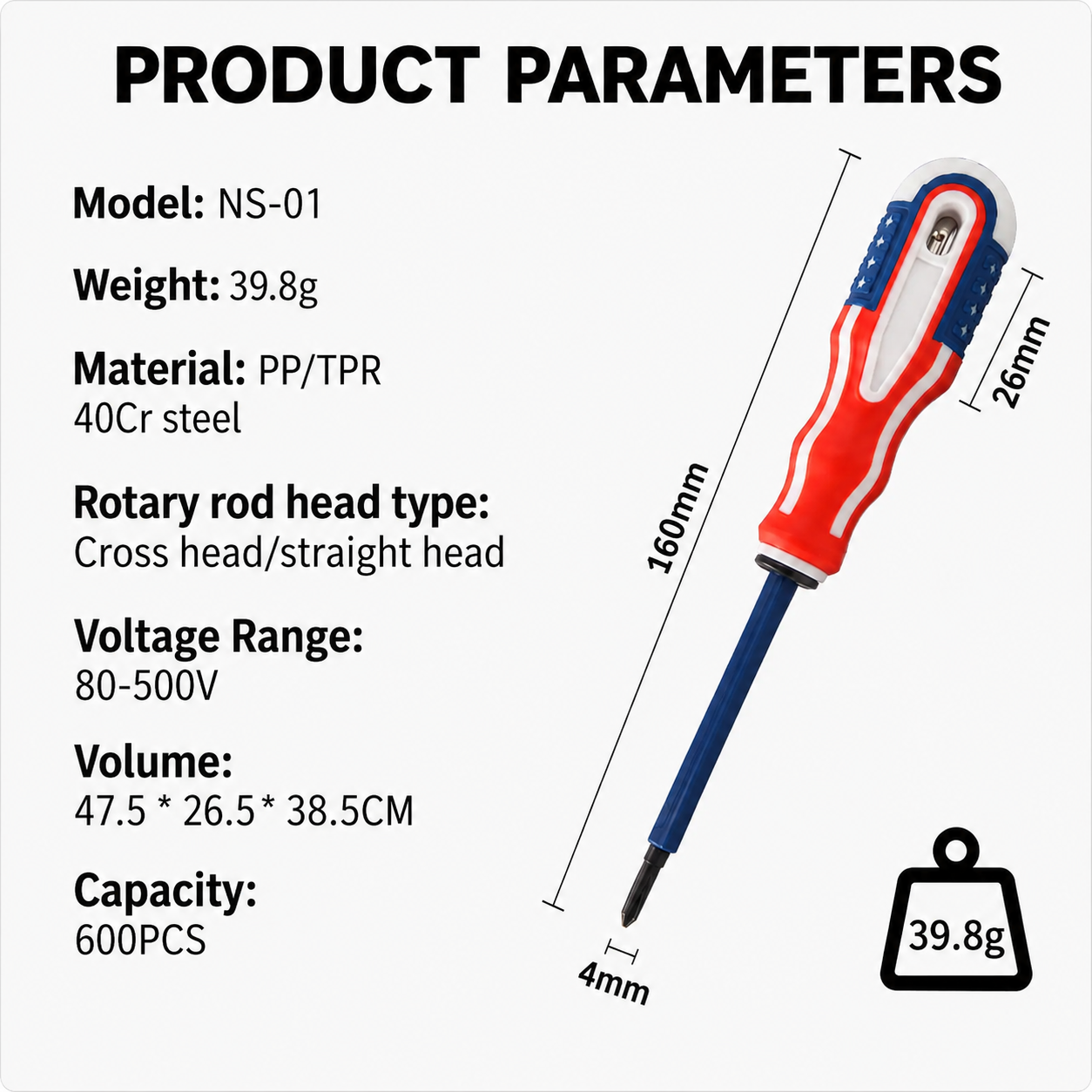 Model NS-01 voltage tester parameter chart with 160mm length 26mm handle width 4mm tip and 39.8g weight