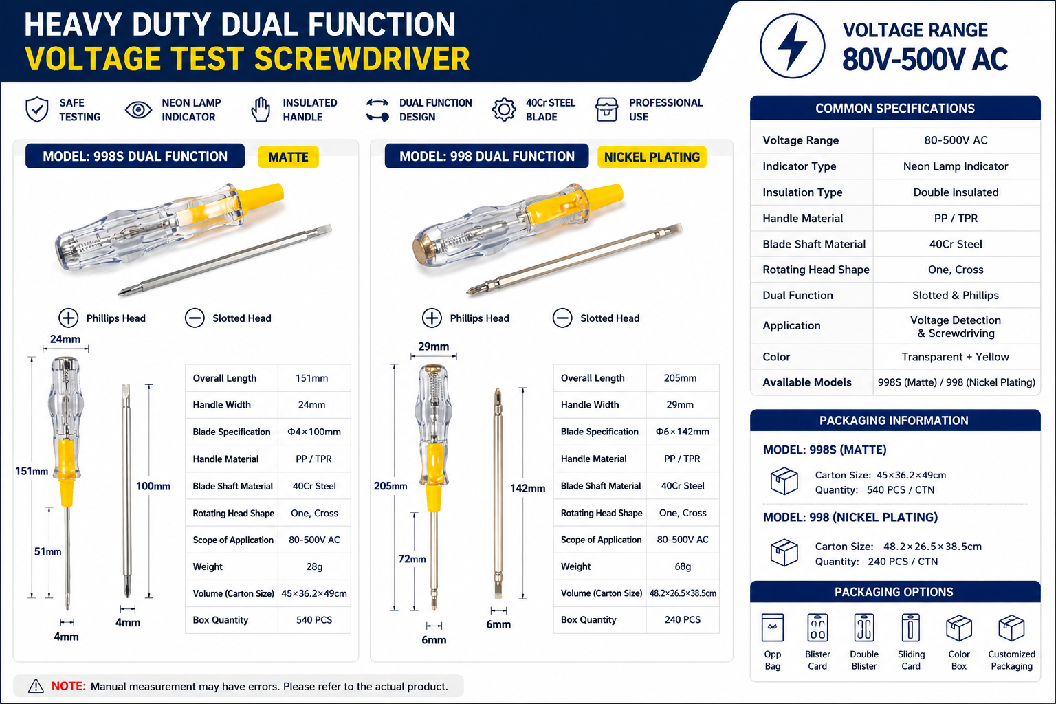 Industrial dual function voltage tester screwdriver parameter chart with 998S Φ4&times;100mm and 998 Φ6&times;142mm bit options