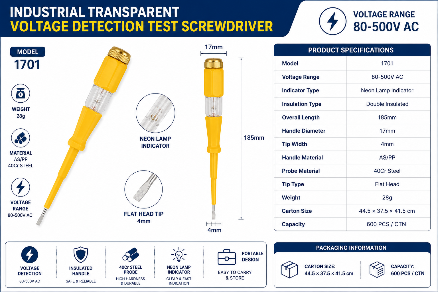 Model 1701 voltage tester parameter image with 185mm length 17mm handle diameter and 28g weight