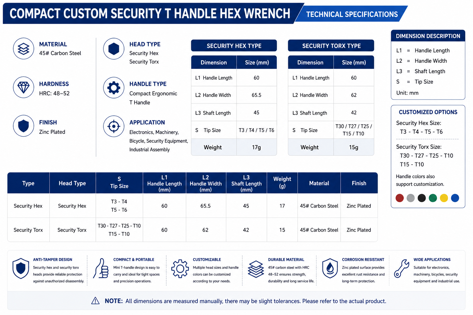 Compact Zinc Plated Security T Handle Hex Wrench Specifications