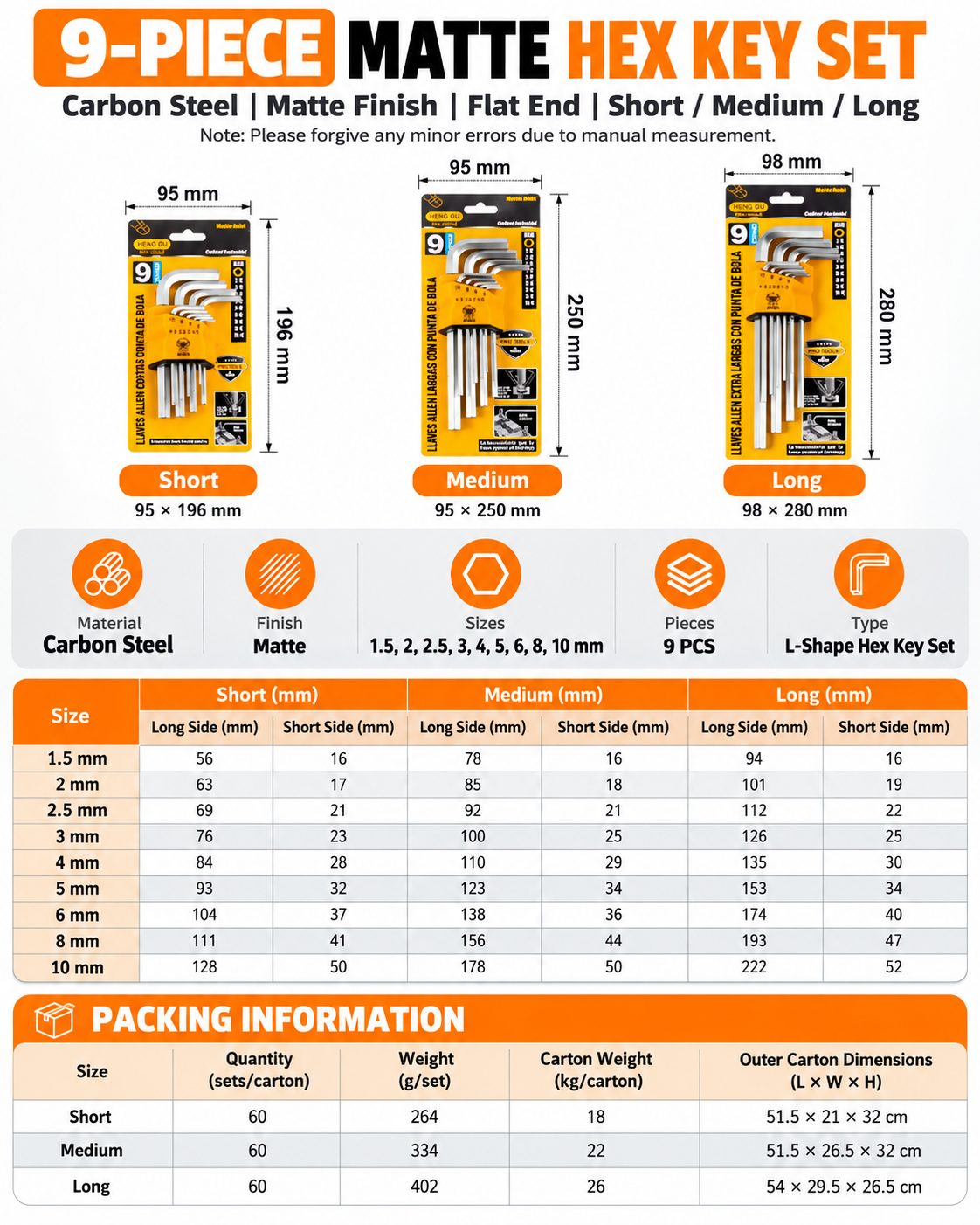 Short Medium Long Metric Hex Key Set 1.5mm to 10mm Dimensions
