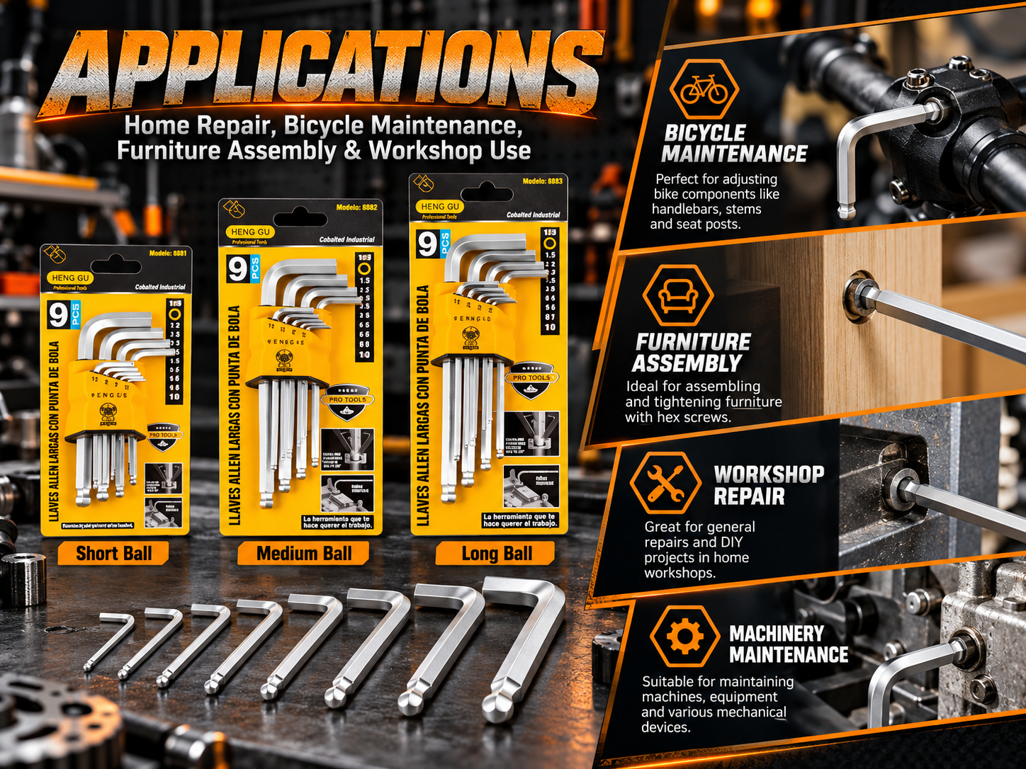 Ball End Hex Key Set for Bicycle Repair Furniture Assembly and Workshop Maintenance