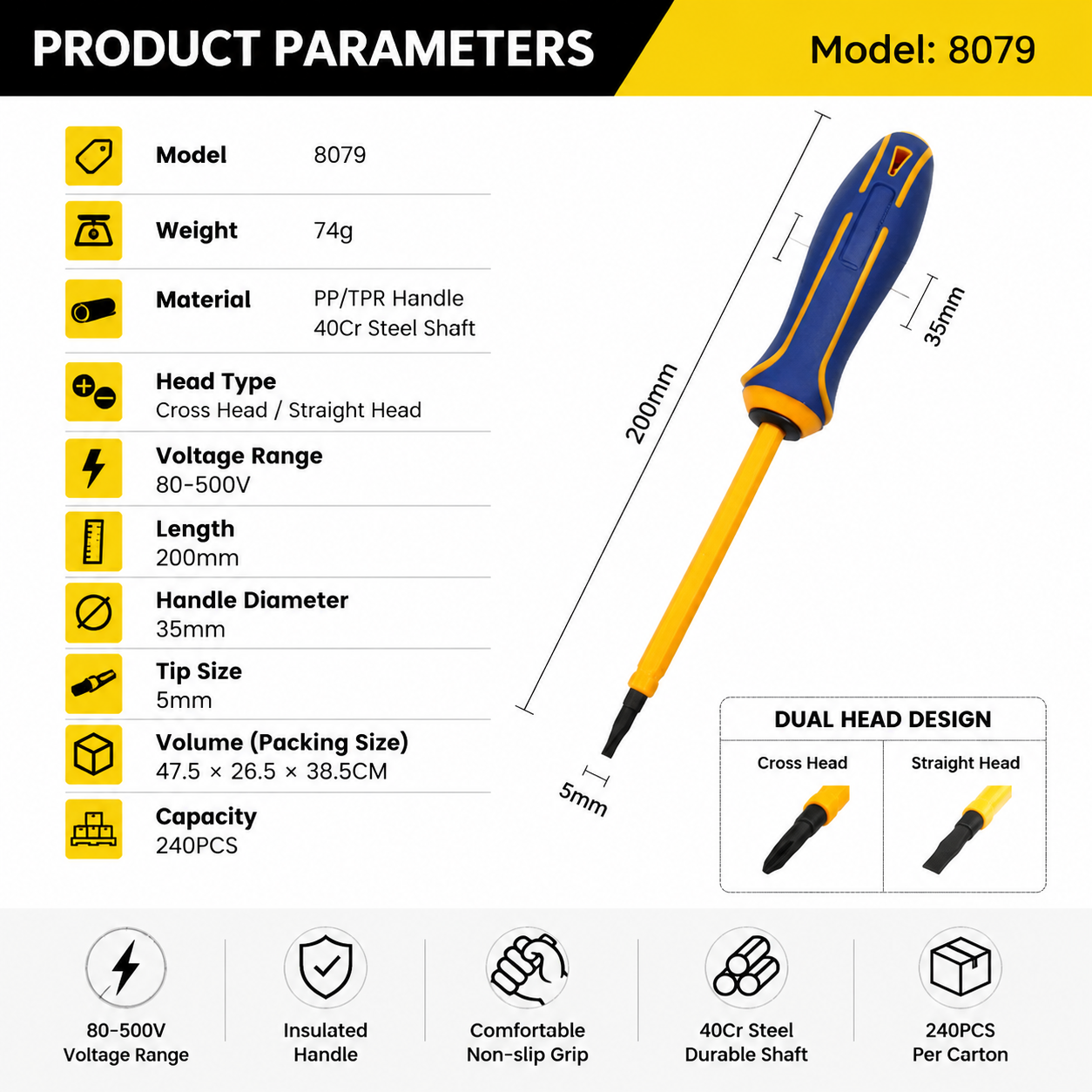 Model 8079 electrical tester specifications with 80-500V range 200mm length and 74g weight