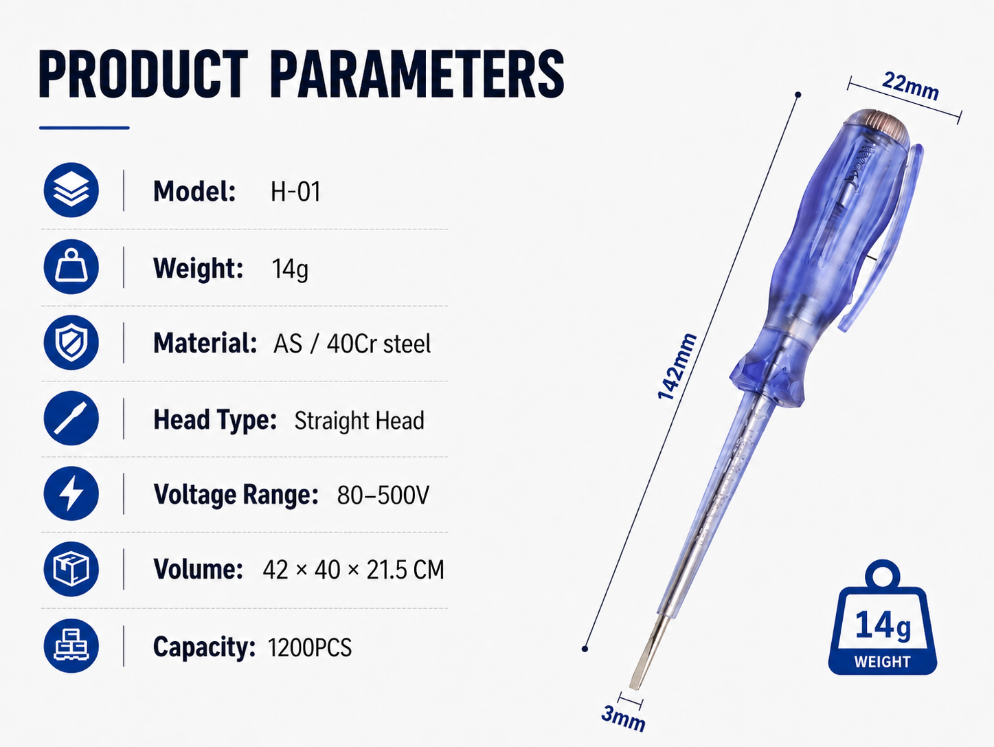 Model H-01 voltage tester parameter chart with 142mm length 22mm handle width 3mm tip and 14g weight