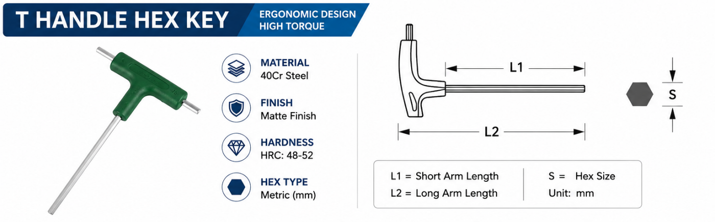 Heavy duty matte T handle Allen wrench parameter chart with 3mm to 10mm size range and long shaft dimensions