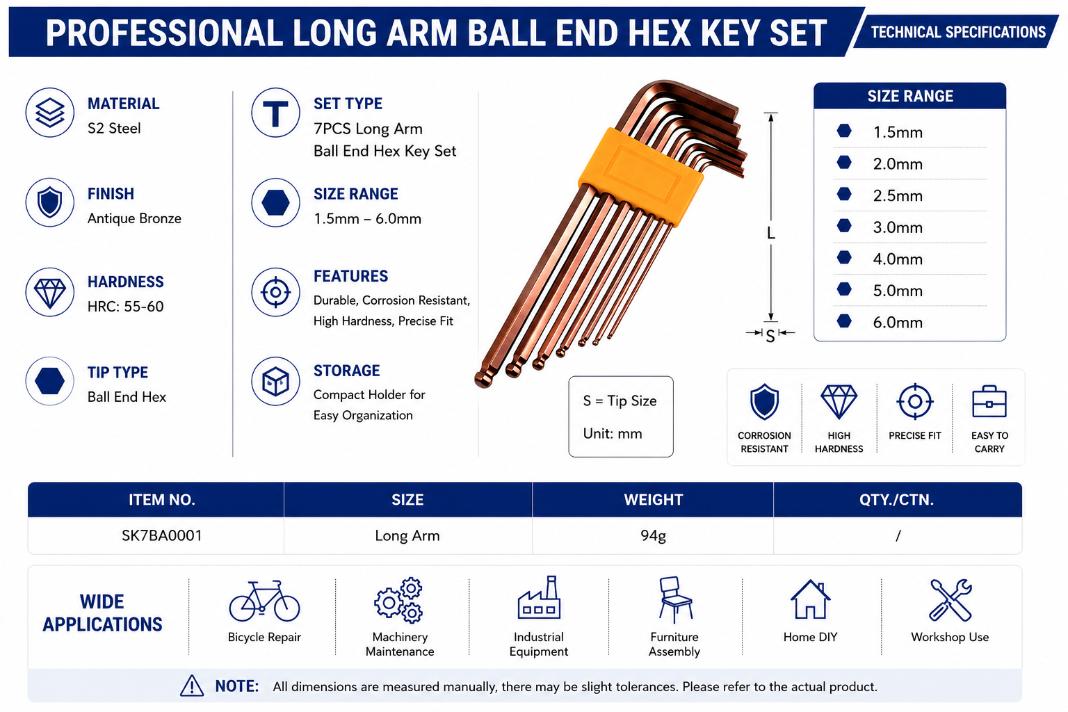 Professional Long Arm Ball End Hex Key Set Specifications