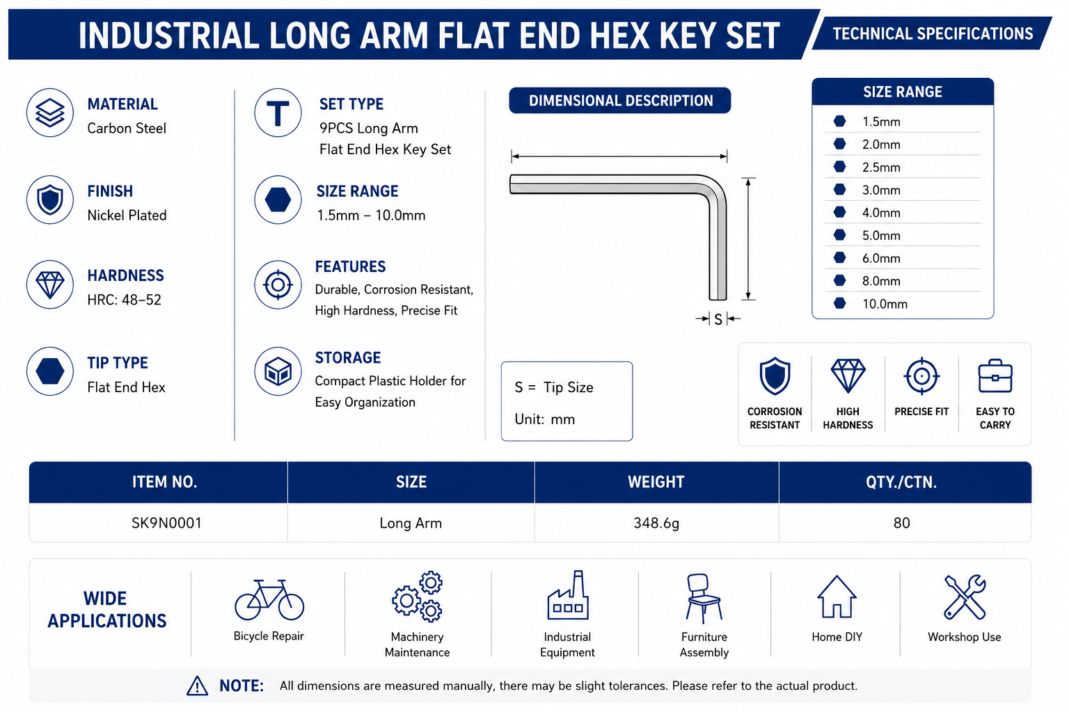 Industrial Long Arm Flat End Hex Key Set Specifications