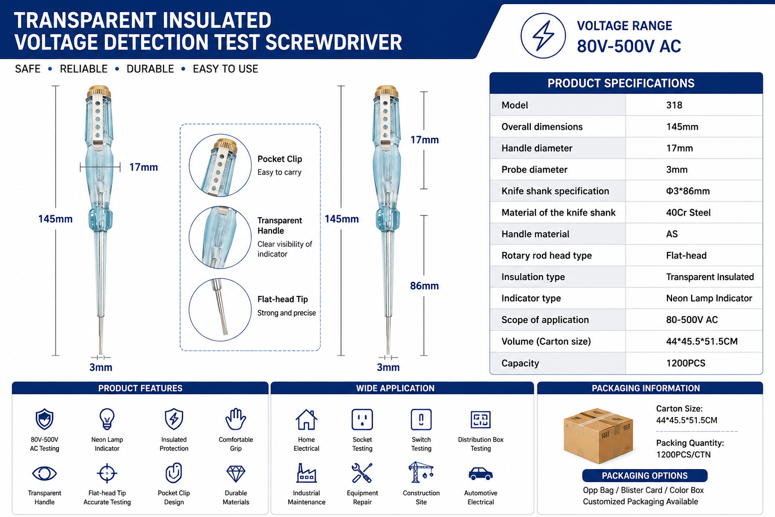 Model 318 ClearView voltage tester parameter chart with 145mm length 17mm handle diameter and Φ3 by 86mm probe