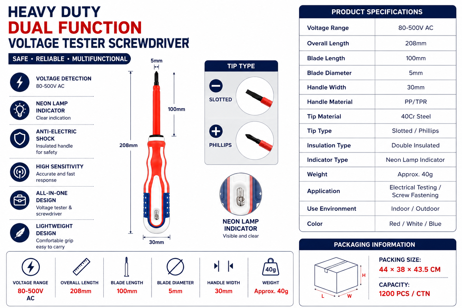 NS-01L dual function voltage tester screwdriver parameter chart with 208mm length 100mm blade and 80V 500V AC range