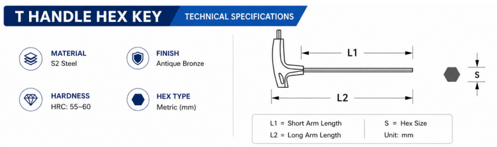 2.5mm to 10mm bronze shaft S2 T handle hex key size chart with shaft length weight and carton quantity
