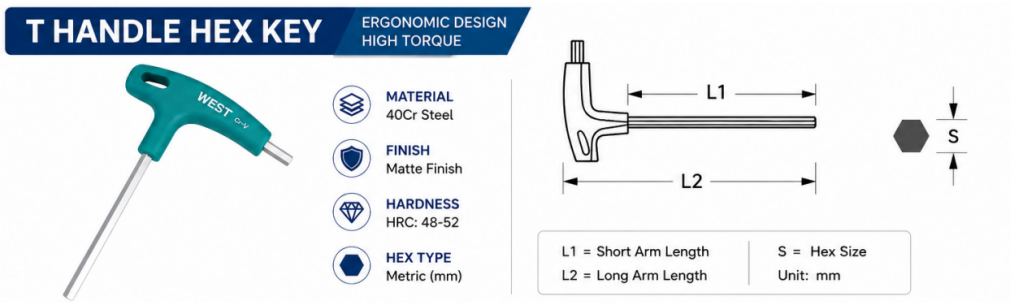 Matte ergonomic T handle Allen wrench parameter chart with 2mm to 10mm size range and long shaft dimensions
