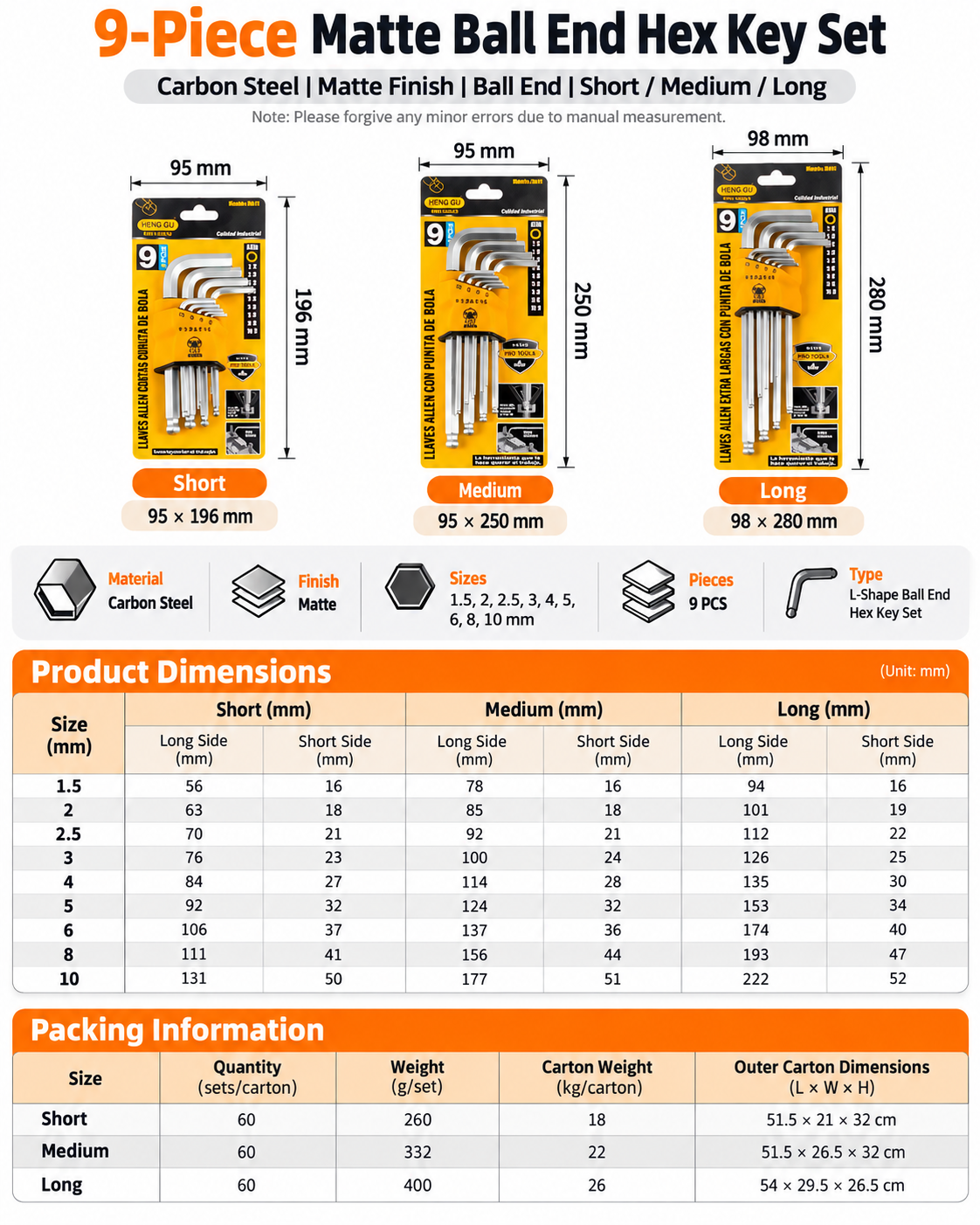 Short Medium Long Ball End Hex Key Set 1.5mm to 10mm Dimensions