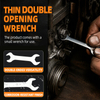 Thin double open end wrench with dual size openings and slim head design