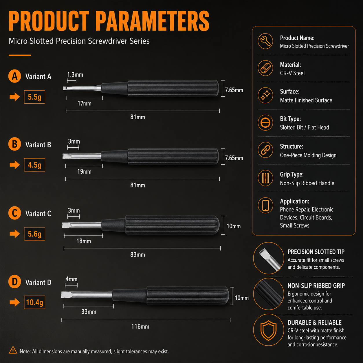 Micro slotted screwdriver size chart with 81mm 83mm and 116mm options for phone and electronic device repair