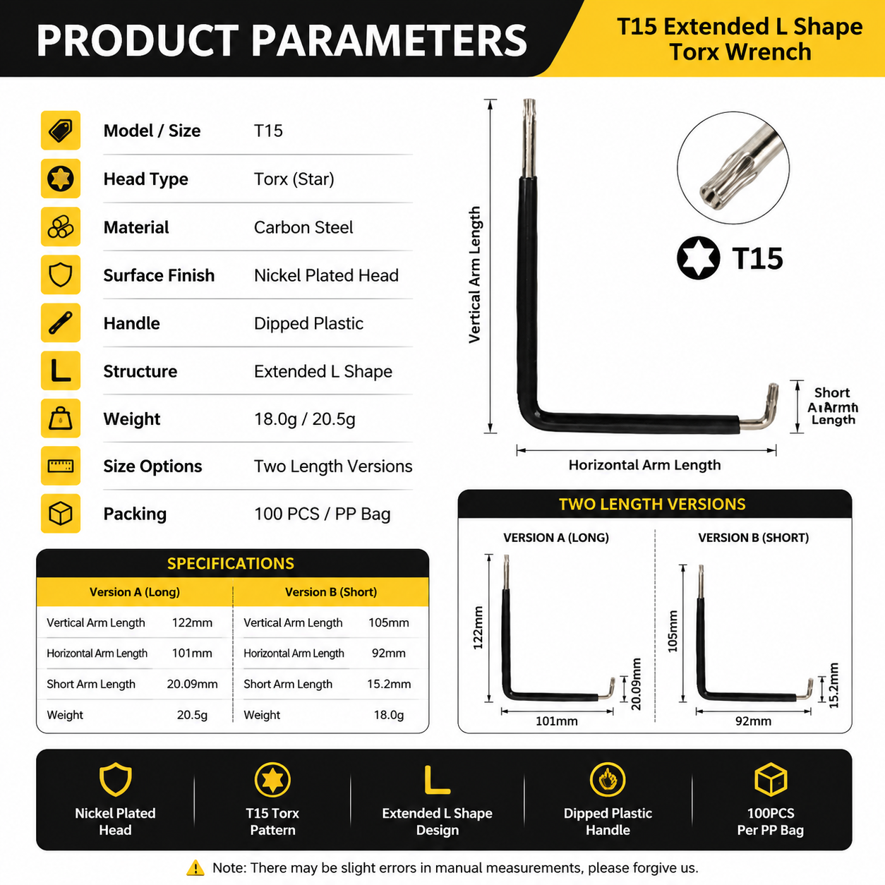 T15 Torx wrench specifications with extended arm dimensions and carbon steel construction