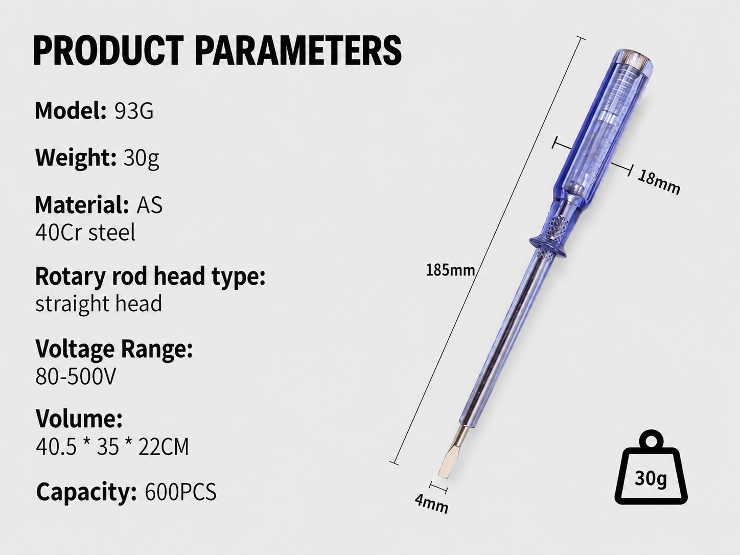 Model 93G voltage tester parameter image with 185mm length 18mm handle width 4mm tip and 600pcs carton
