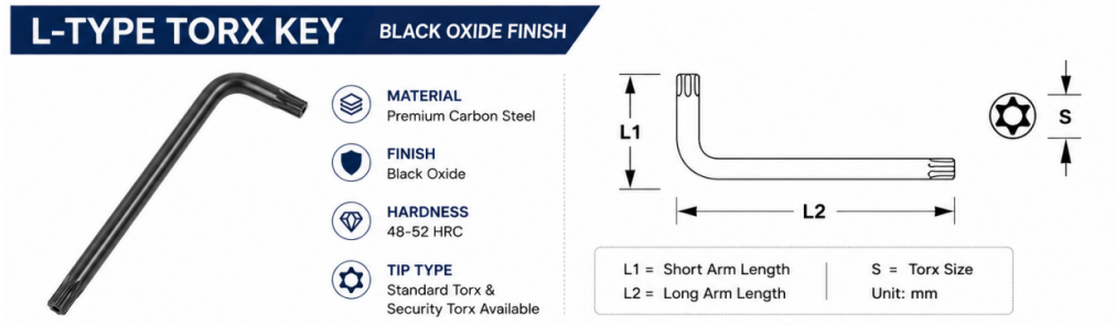 T10 to T50 black oxide standard Torx wrench size chart with arm length and weight