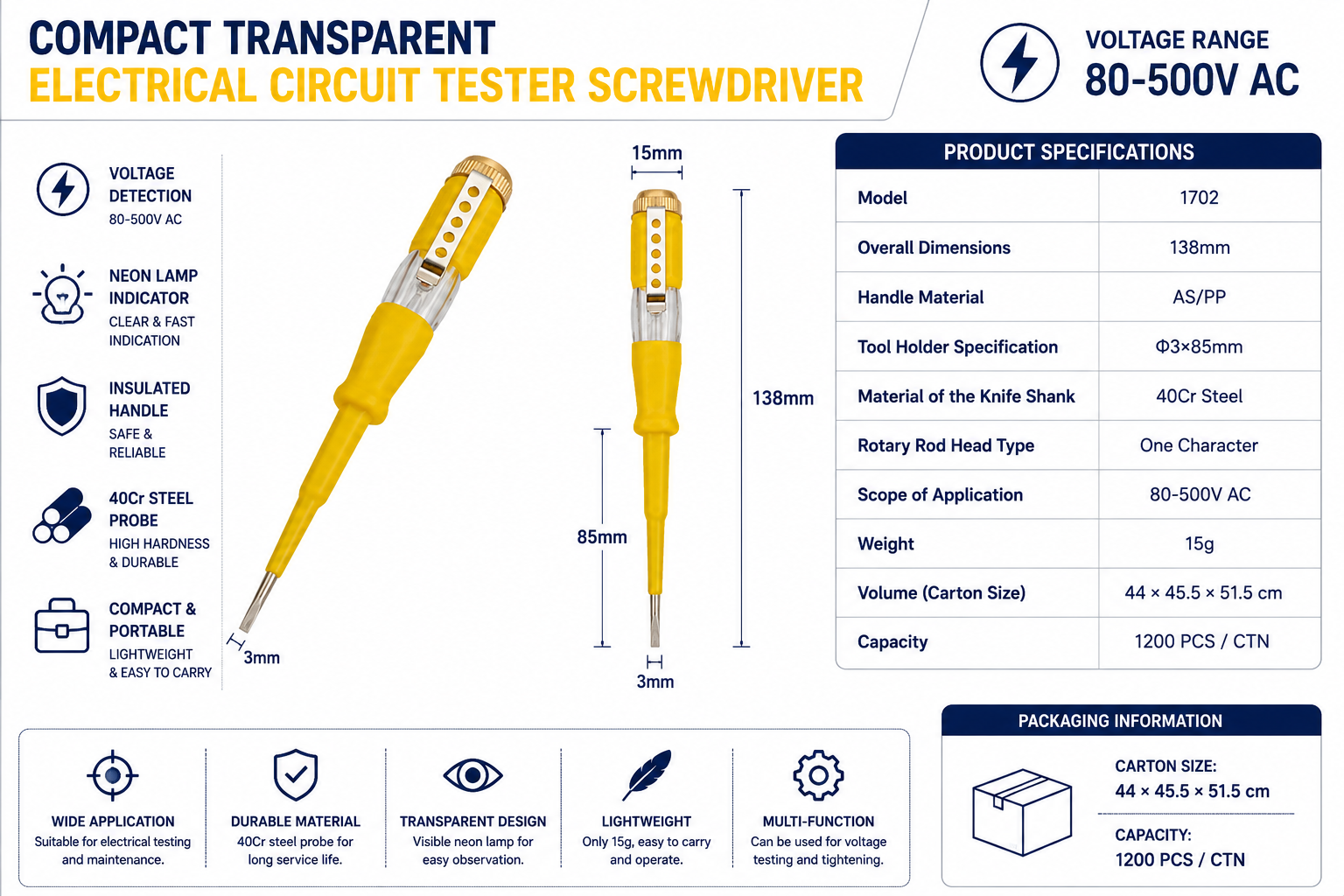 Compact neon voltage tester screwdriver parameter chart with 80V 500V AC range and contact testing structure