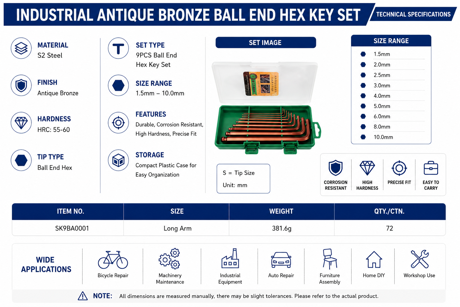 Industrial Antique Bronze Ball End Hex Key Set Specifications