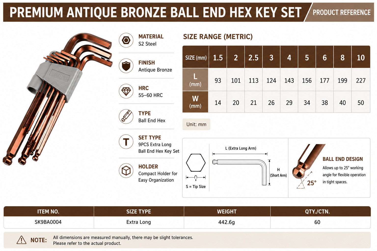 Extra Long Antique Bronze Ball End Hex Key Set Specifications