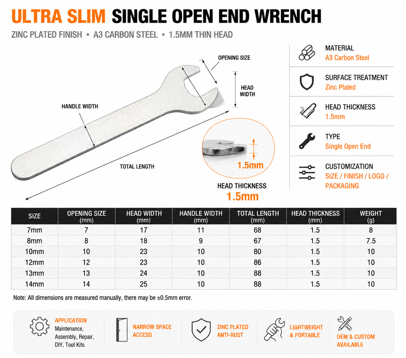 A3 carbon steel ultra thin open end wrench specifications with 1.5mm head thickness