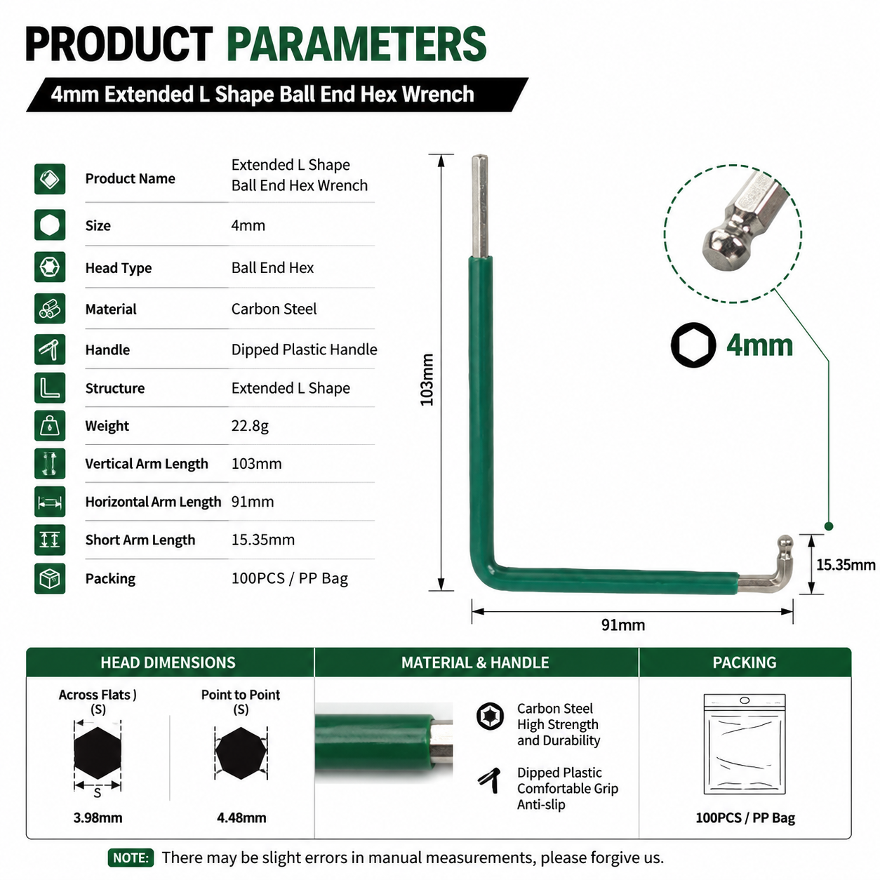4mm ball end Allen wrench specifications with 103mm vertical arm and 91mm horizontal arm