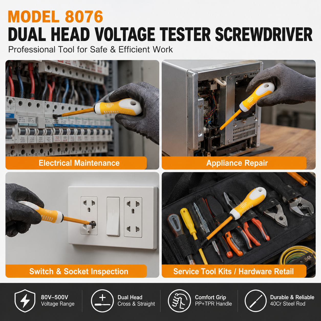 Ergonomic dual head voltage tester screwdriver for electrical maintenance appliance repair and service tool kits