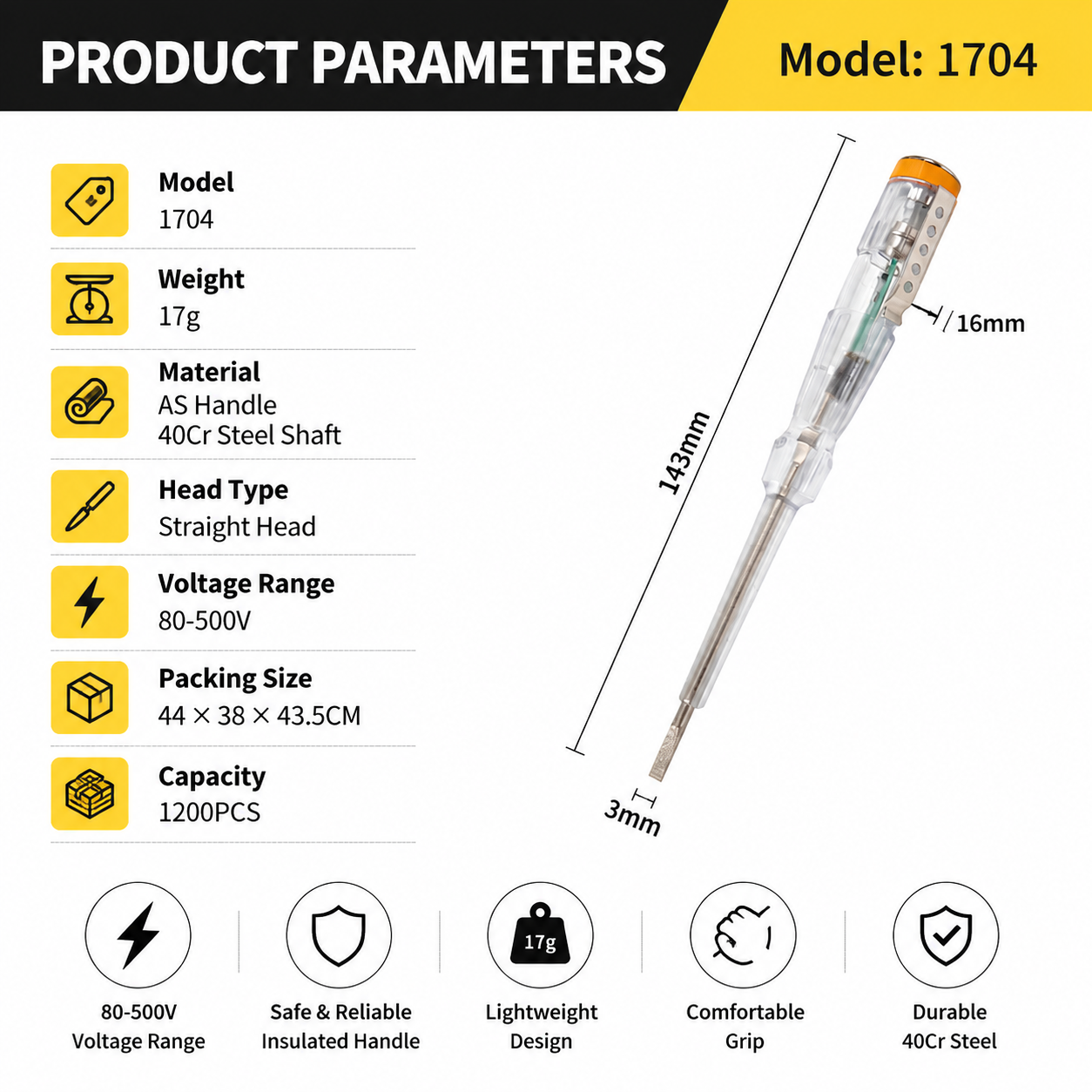 Model 1704 voltage tester pen specifications with 80-500V range 143mm length and 17g weight