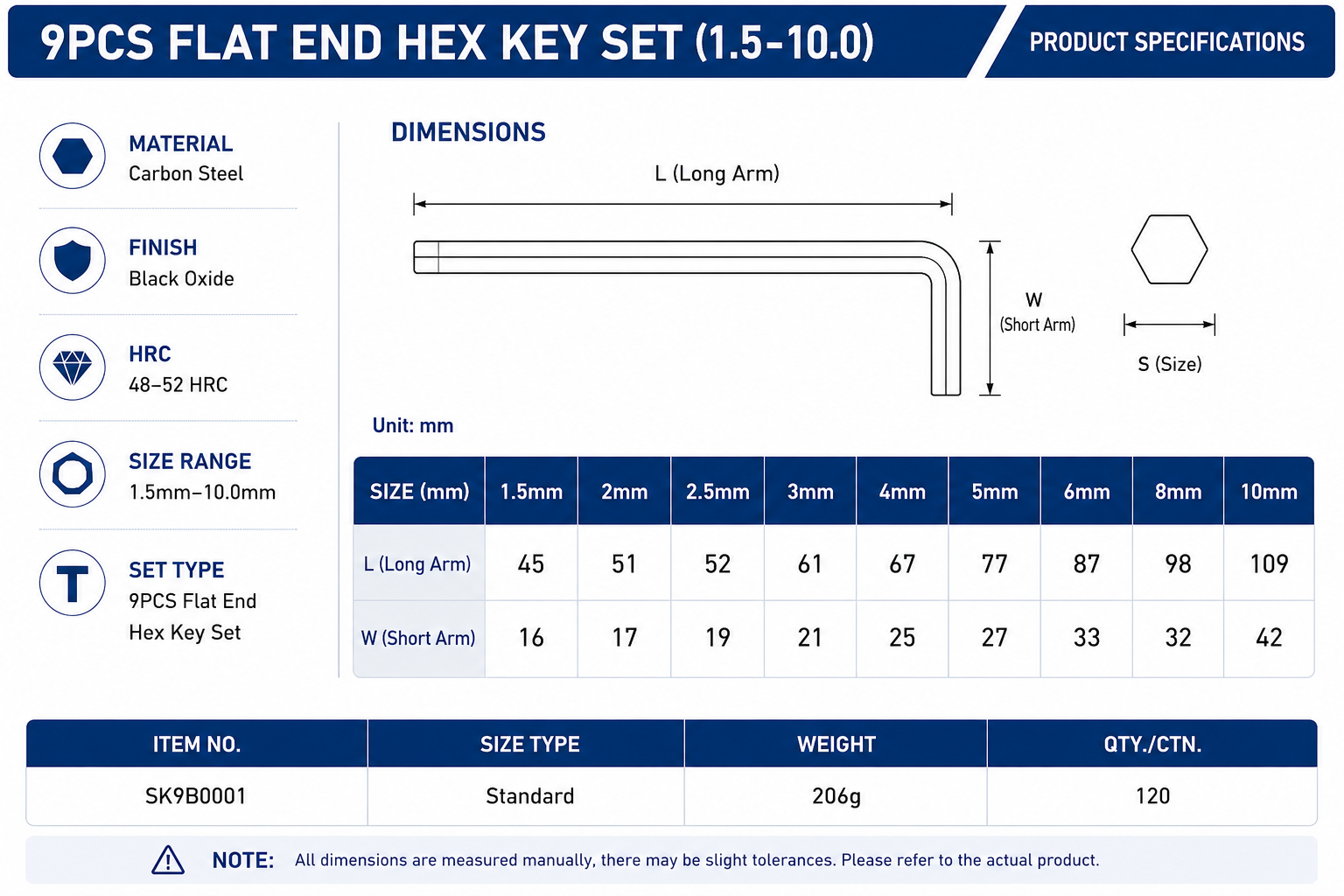Detailed dimensional parameters and metric specifications for the 9PCS flat end hex key set